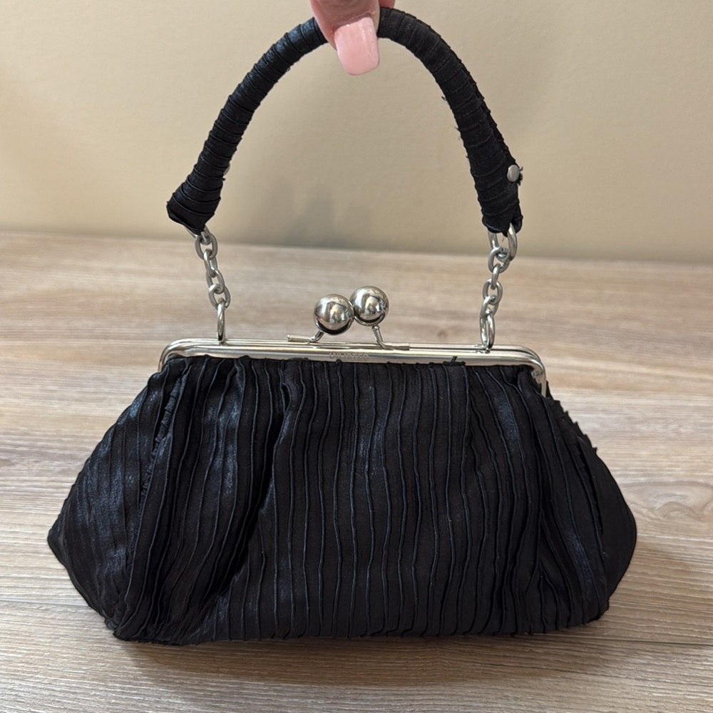 Unlisted evening bag black pleated fabric with handle